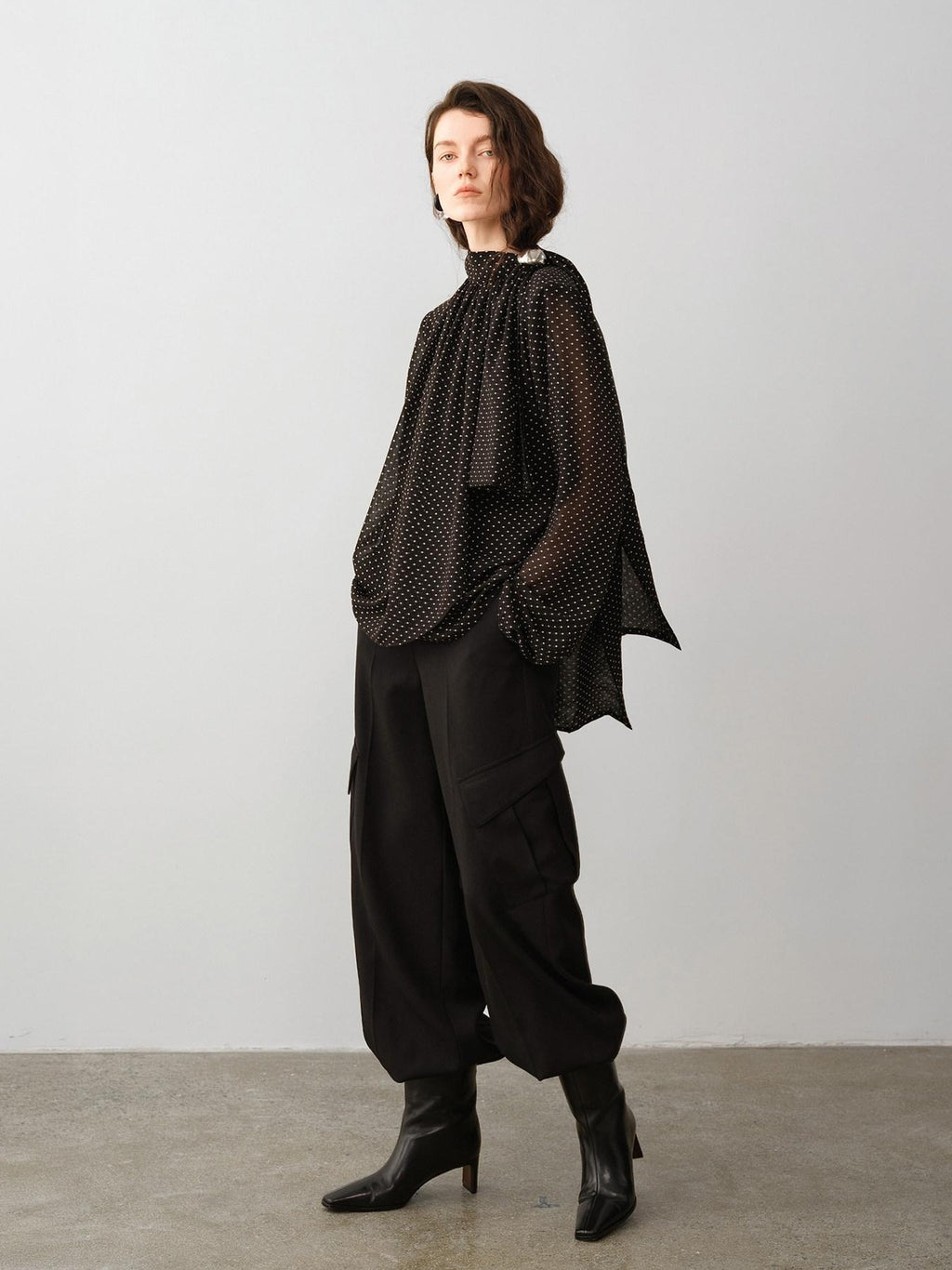 audreyyang High Waist Korean Workwear Black Polyester Viscose Wide Leg Pants
