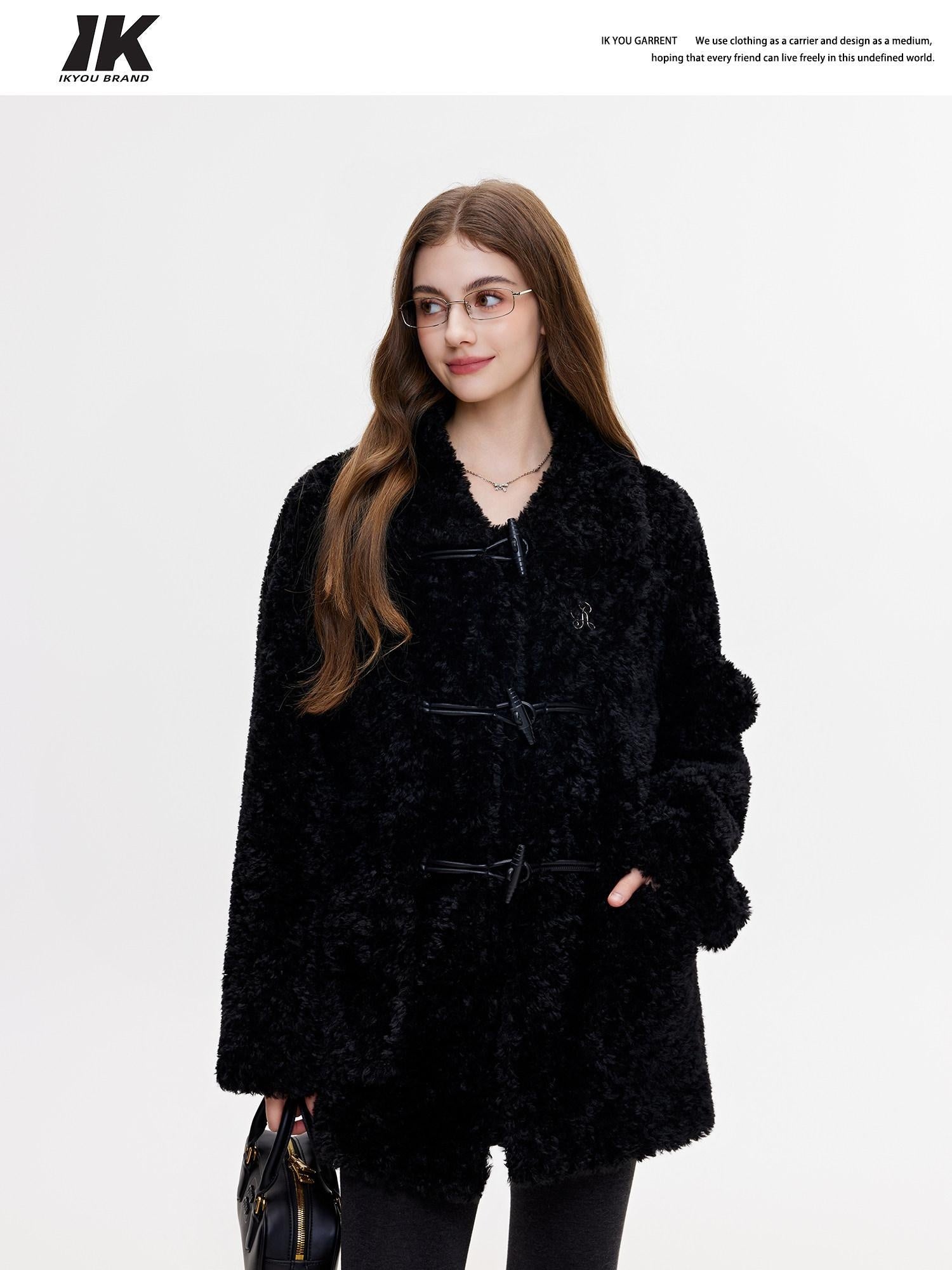 ikyou Padded Non Iron Pocket Toggle Korean Oversized Women Mid Length Black Long Coats