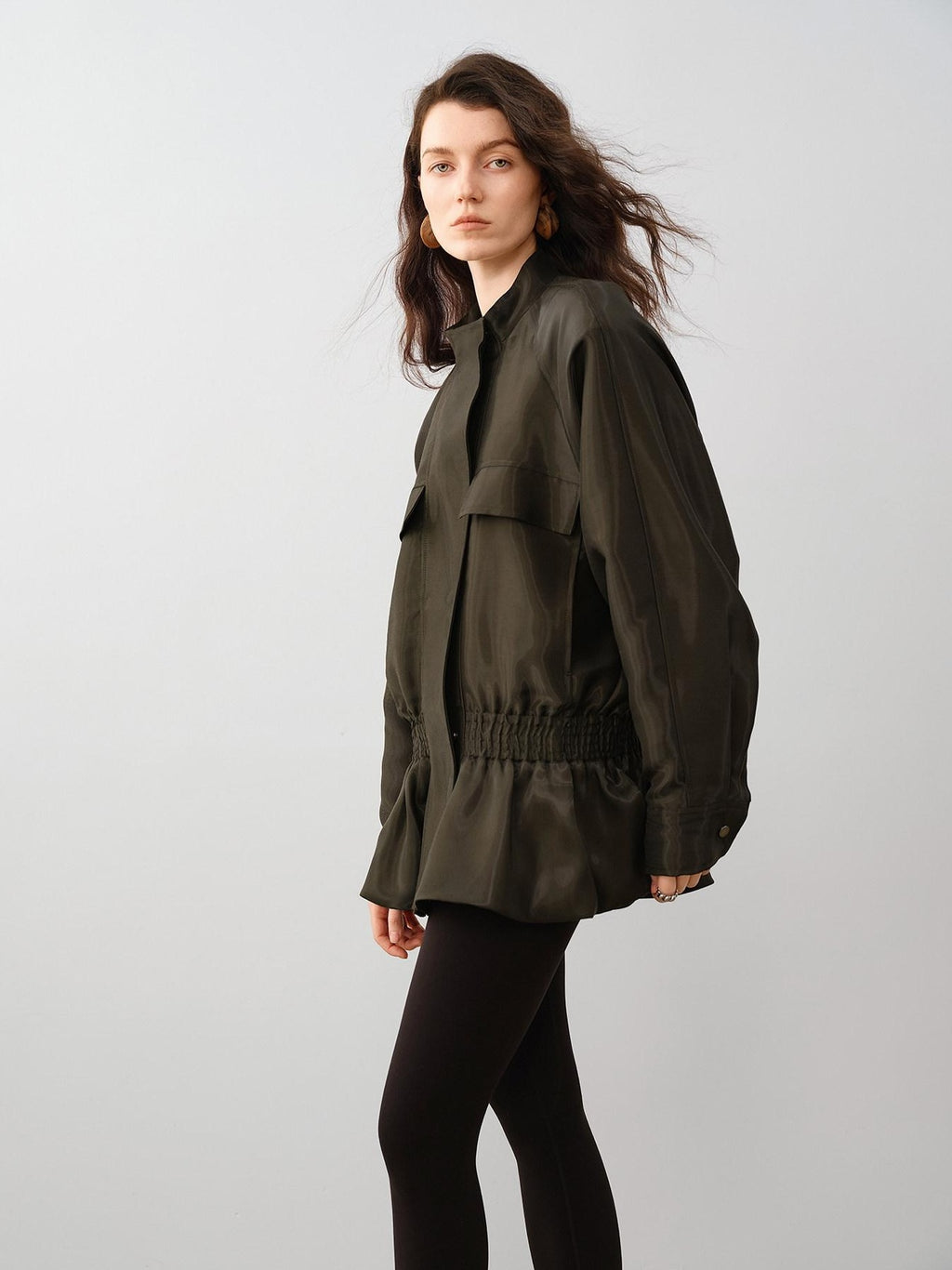 audreyyang Drawstring Techwear Loose Fit Womens Long Sleeve Button Cropped Jackets