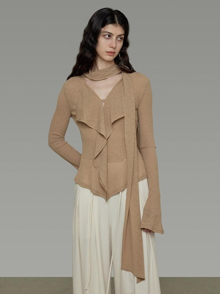 unspoken Slim Ruffle V-neck Bell Sleeve Knit Pullover Women Ginger Yellow Blouses