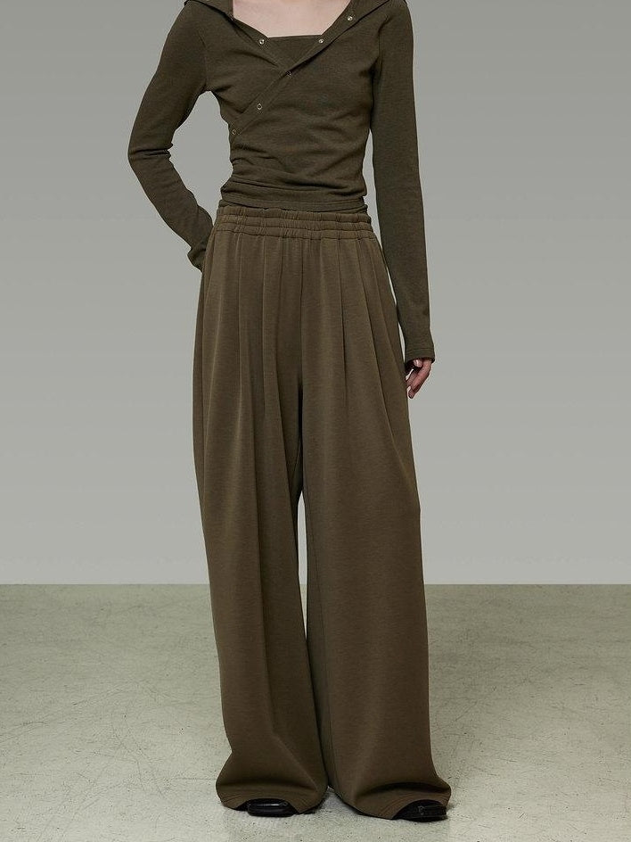 unspoken High Waist Breathable Tailored Loose Solid Brown Green Women Wide Leg Pants
