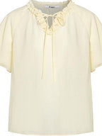 fano Yellow Tie Front Viscose Linen Blend Relaxed Korean Short Sleeve Women Blouses