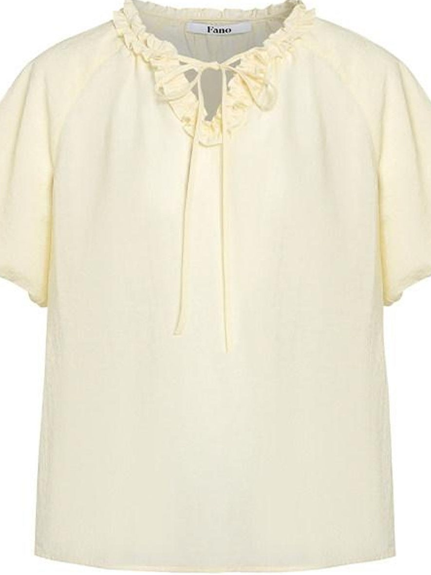 fano Yellow Tie Front Viscose Linen Blend Relaxed Korean Short Sleeve Women Blouses
