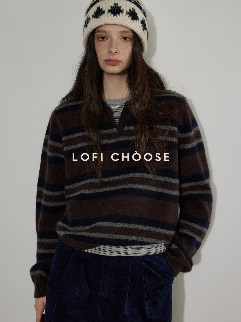 Lofi choose Soft Knitted Pullover Commuter Oversized Polo Collar Striped Women Sweaters