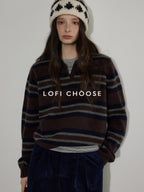 Lofi choose Soft Knitted Pullover Commuter Oversized Polo Collar Striped Women Sweaters