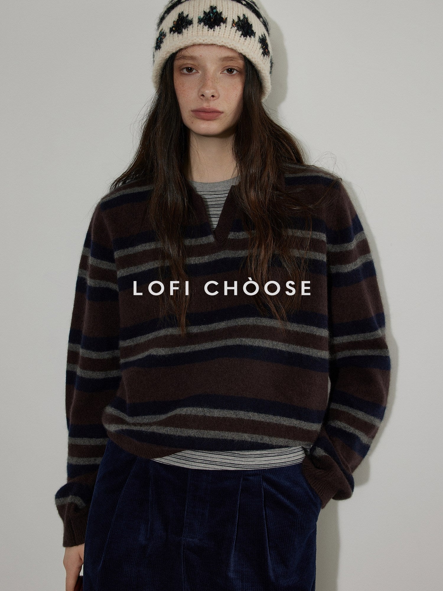 Lofi choose Soft Knitted Pullover Commuter Oversized Polo Collar Striped Women Sweaters