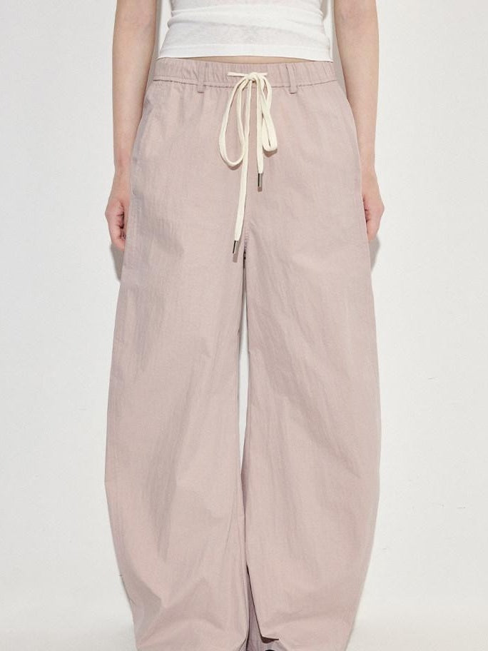 fano Pink Cotton Blend Drawstring Natural Waist Loose Korean Office Wide Leg Pants