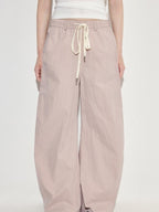 fano Pink Cotton Blend Drawstring Natural Waist Loose Korean Office Wide Leg Pants