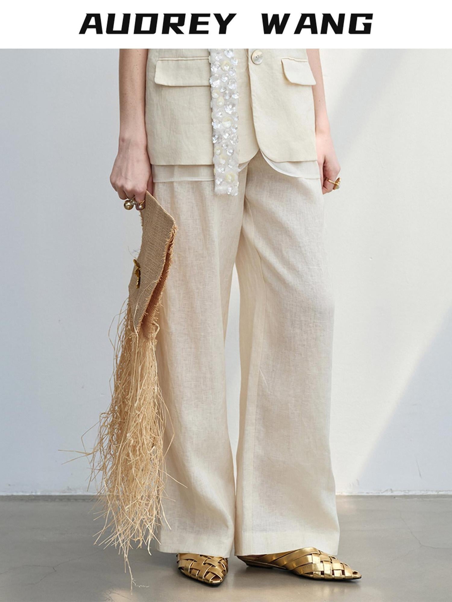 audreyyang Light Cream Linen V-neck Button Vest With Long Pants Women Top & Pants Sets