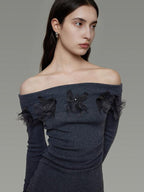 unspoken High Stretch Slim Knit Boat Neck Long Sleeve Dark Gray Office Top & Skirt Sets