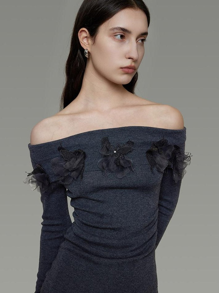 unspoken High Stretch Slim Knit Boat Neck Long Sleeve Dark Gray Office Top & Skirt Sets