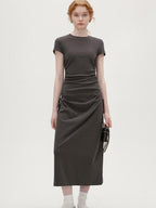 fano Soft Cotton Knit High Waist A Line Button Mock Neck Midi Dresses