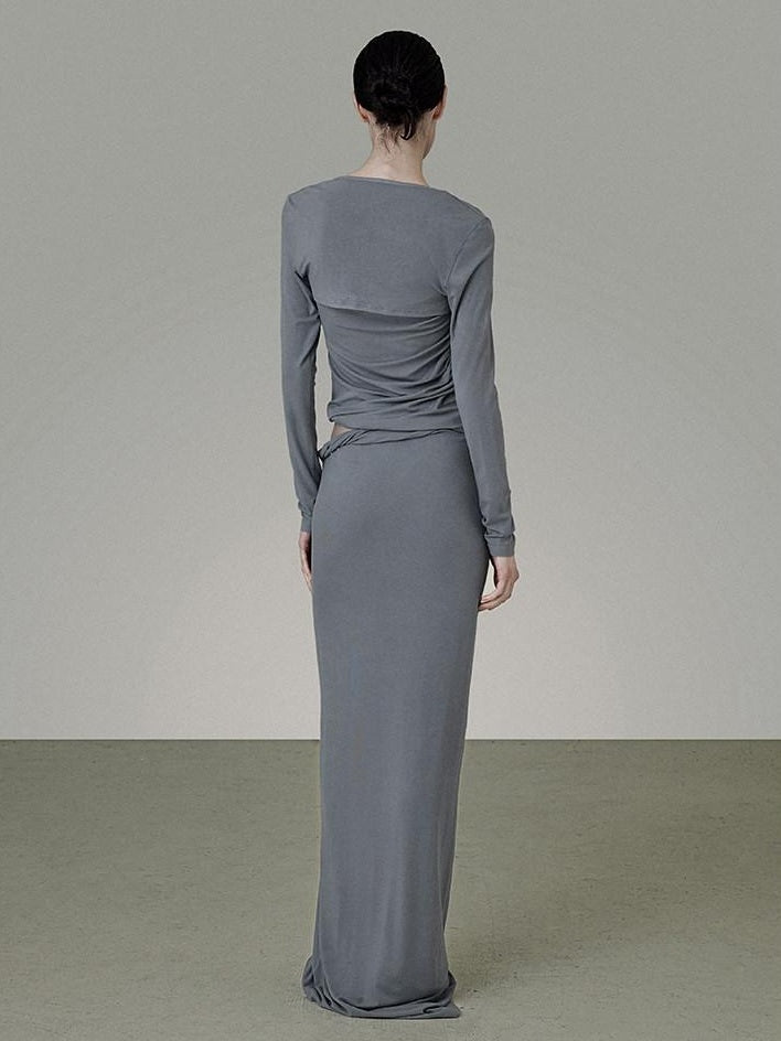 unspoken Slim Viscose Long Sleeve Minimal Commuter Women Workwear Top & Skirt Sets