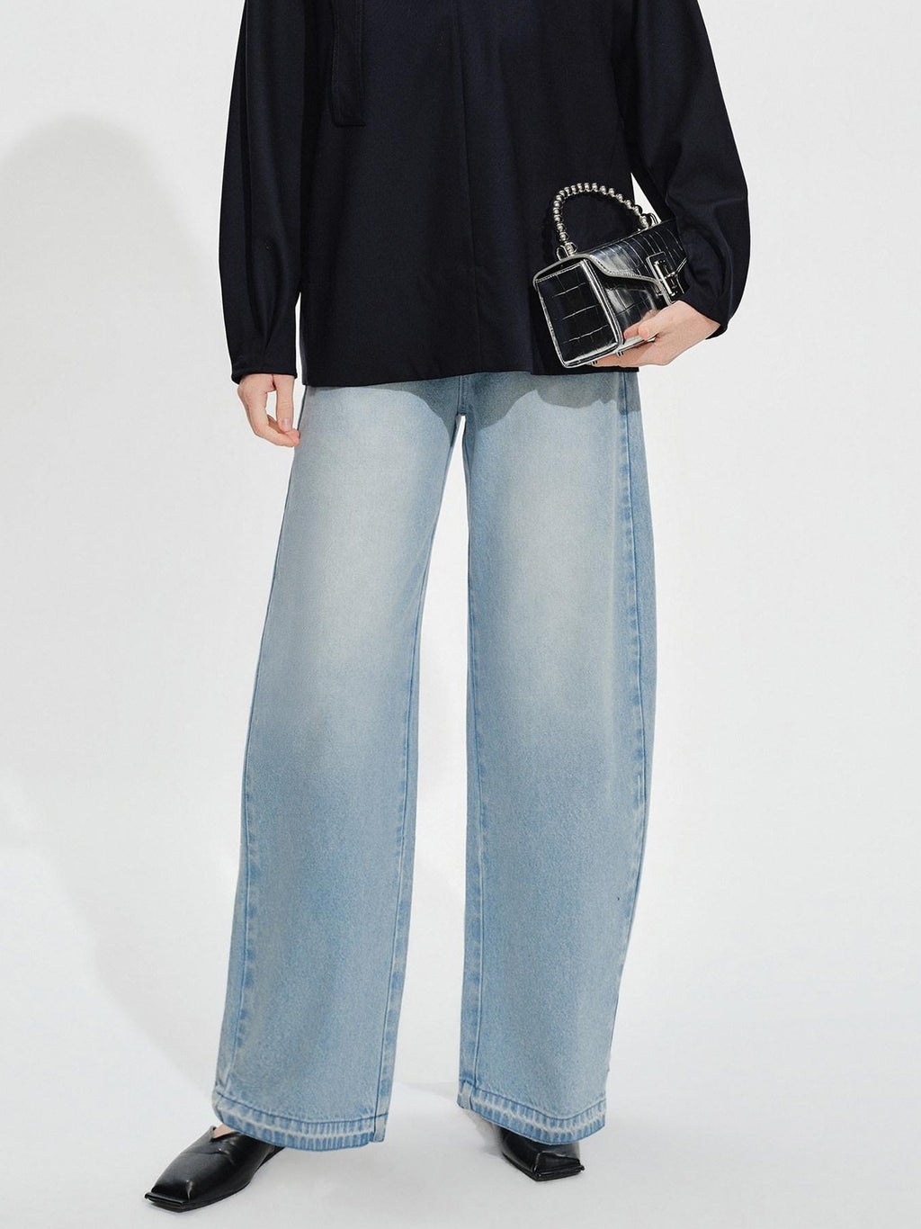 audreyyang High Waist Water Washed Light Blue Zipper Fly No Stretch Women Wide Leg Jeans