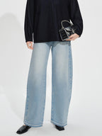 audreyyang High Waist Water Washed Light Blue Zipper Fly No Stretch Women Wide Leg Jeans