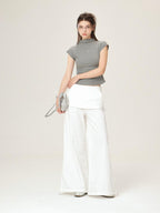 ikyou Wrinkle Free Minimalist Commuter Elastic Waist Natural Rise White Wide Leg Pants