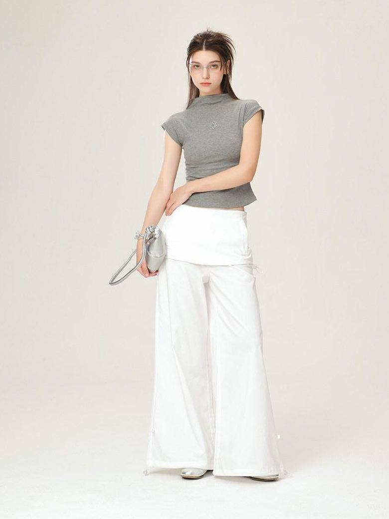 ikyou Wrinkle Free Minimalist Commuter Elastic Waist Natural Rise White Wide Leg Pants