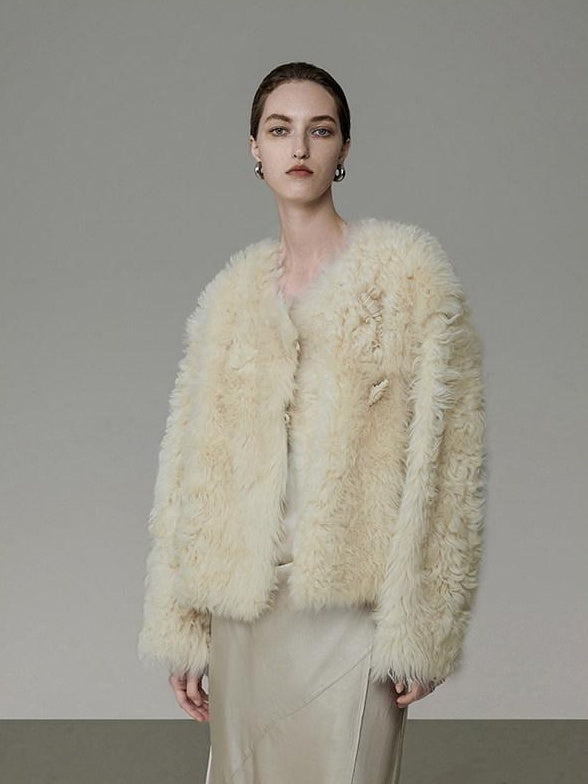 unspoken Minimal Off White Button Front Crew Neck Straight Fit Office Short Coat