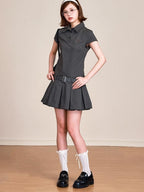 ikyou Embroidered 100 Percent Cotton Polo A Line Short Sleeve Gray Midi Dresses