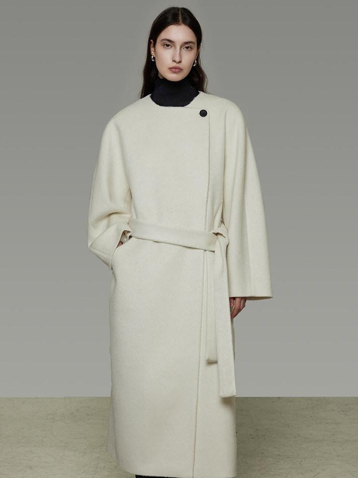 unspoken Lambswool Blend Tie Waist Oversized Commuter Longline White Wool Coats