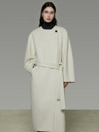 unspoken Lambswool Blend Tie Waist Oversized Commuter Longline White Wool Coats