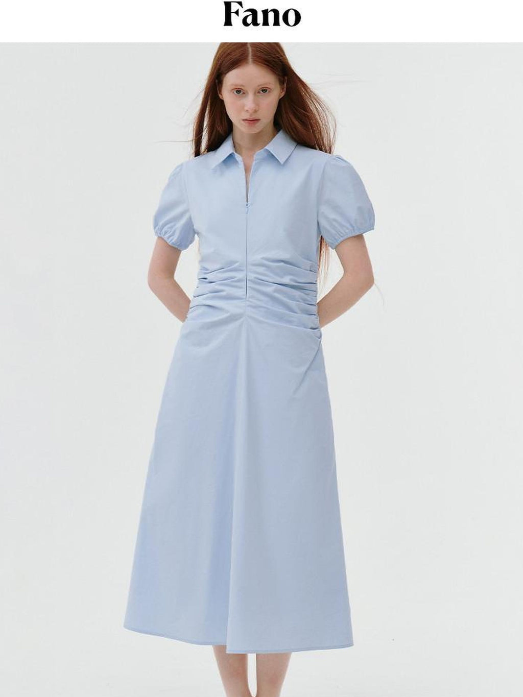 fano 100% Cotton Puff Sleeve A Line Natural Waist Solid Blue Zipper Maxi Dresses