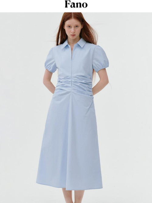fano 100% Cotton Puff Sleeve A Line Natural Waist Solid Blue Zipper Maxi Dresses