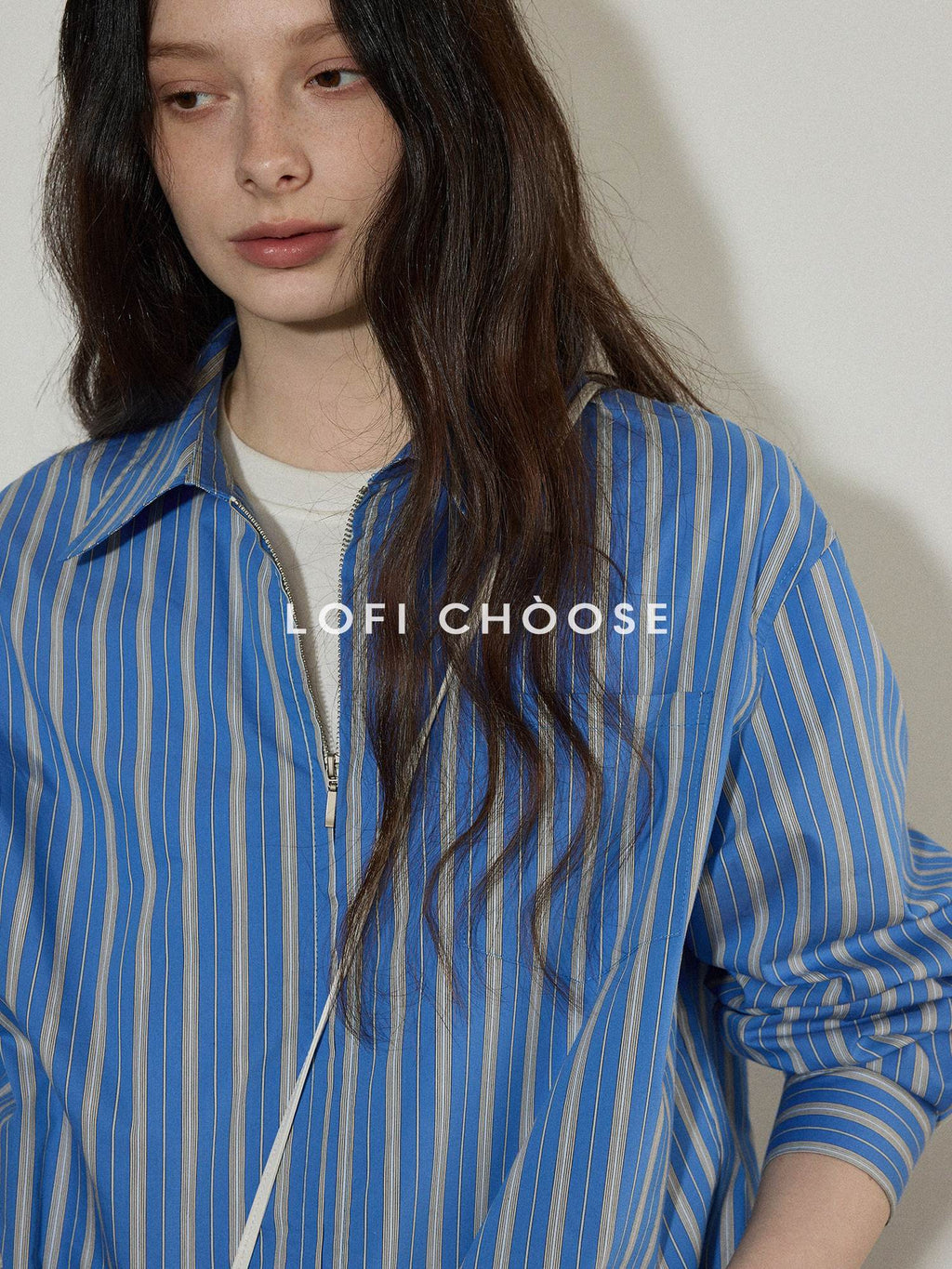 Lofi choose Cotton Blend Colorblock Loose Fit Striped Lapel Zip Women Work Shirts