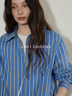 Lofi choose Cotton Blend Colorblock Loose Fit Striped Lapel Zip Women Work Shirts