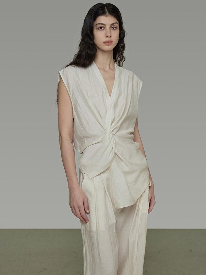 unspoken Breathable Linen Blend Sleeveless V-neck Tie Front Loose Fit Work White Blouses