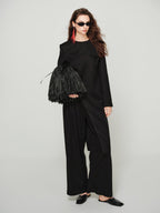audreyyang Elegant Slim Waist Poly Blend Round Neck Midlength Pullover Black Long Coats