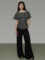 unspoken Breathable Minimal Loose Ruffle Boatneck Women Plaid Button Short Sleeve Blouses