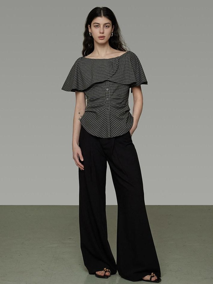 unspoken Breathable Minimal Loose Ruffle Boatneck Women Plaid Button Short Sleeve Blouses