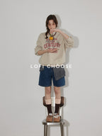 Lofi choose Oversized Letter Print Crewneck Pullover Commuter Style Women Oatmeal Sweatshirt