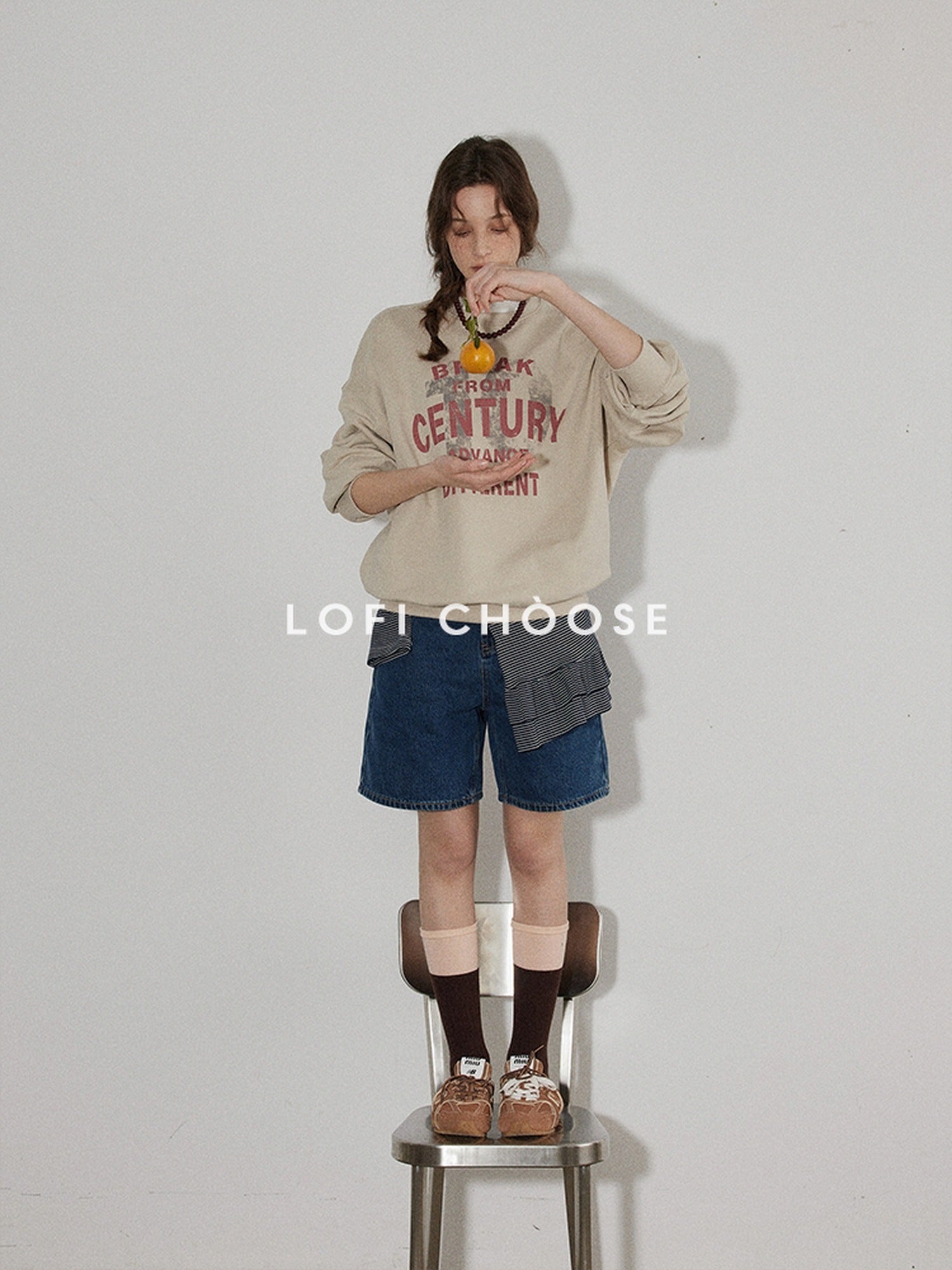 Lofi choose Oversized Letter Print Crewneck Pullover Commuter Style Women Oatmeal Sweatshirt
