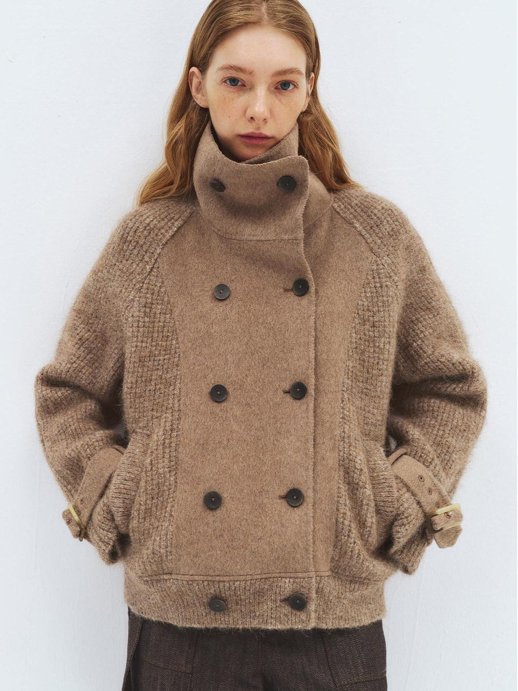 someonesometimes Alpaca Blend Double Breasted Casual Loose Fit Women Lapel Dusty Camel Short Coat