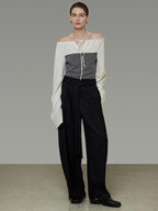 unspoken Breathable Cotton Contrast V-neck Loose Longsleeve Tie Front Women Blouses