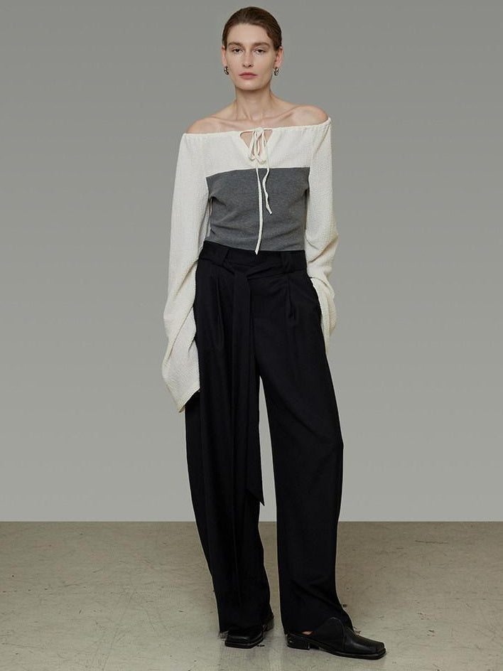 unspoken Breathable Cotton Contrast V-neck Loose Longsleeve Tie Front Women Blouses