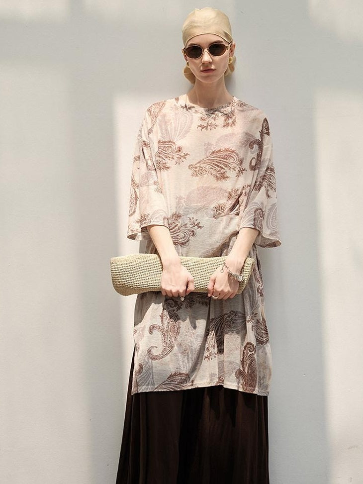 audreyyang Light Commuter Loose Paisley Print Round Neck Women Long Sleeve T-Shirts