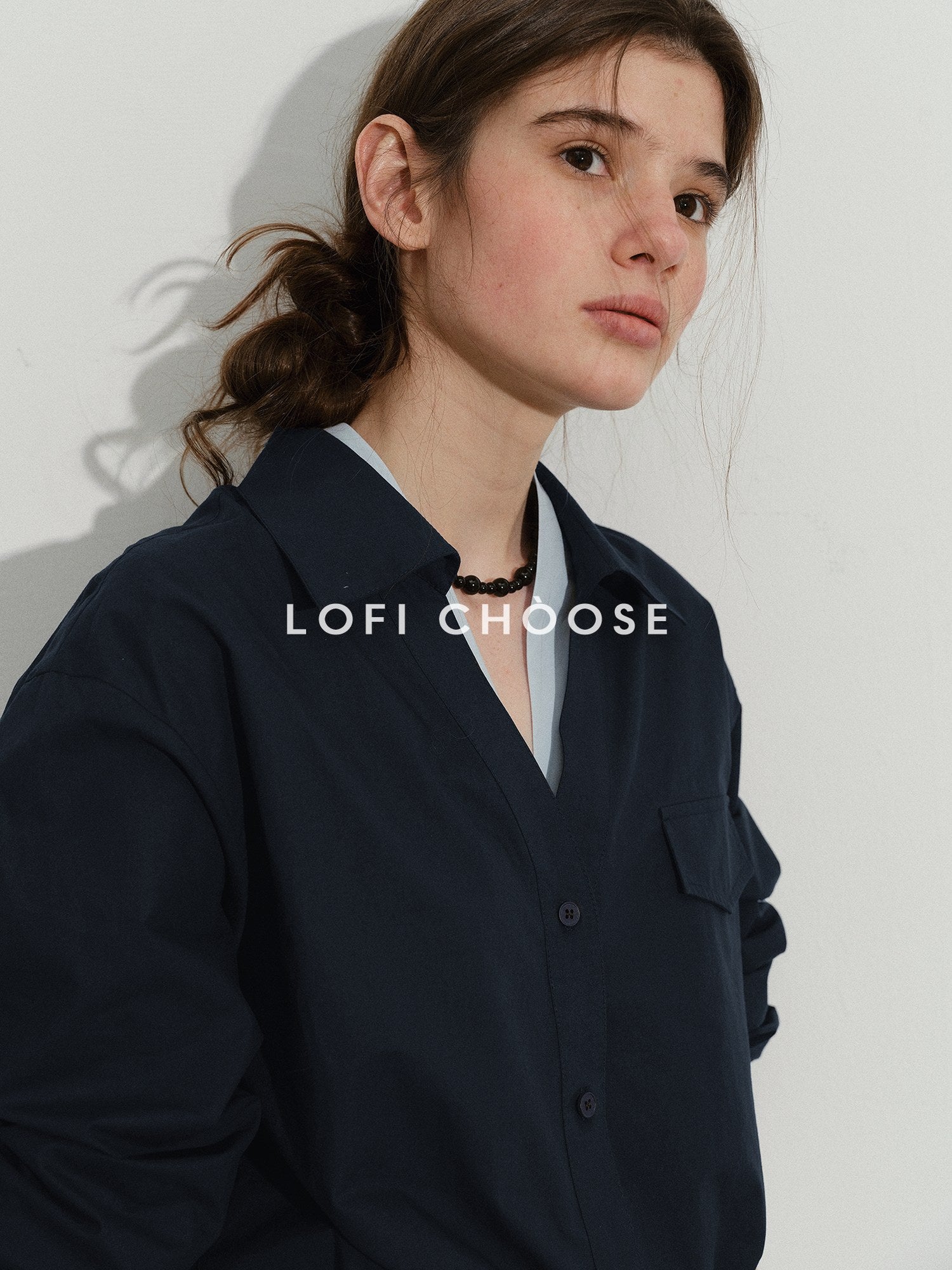 Lofi choose Soft Pure Cotton Colorblock Loose V-neck Button Long Sleeve Womens Navy Shirts