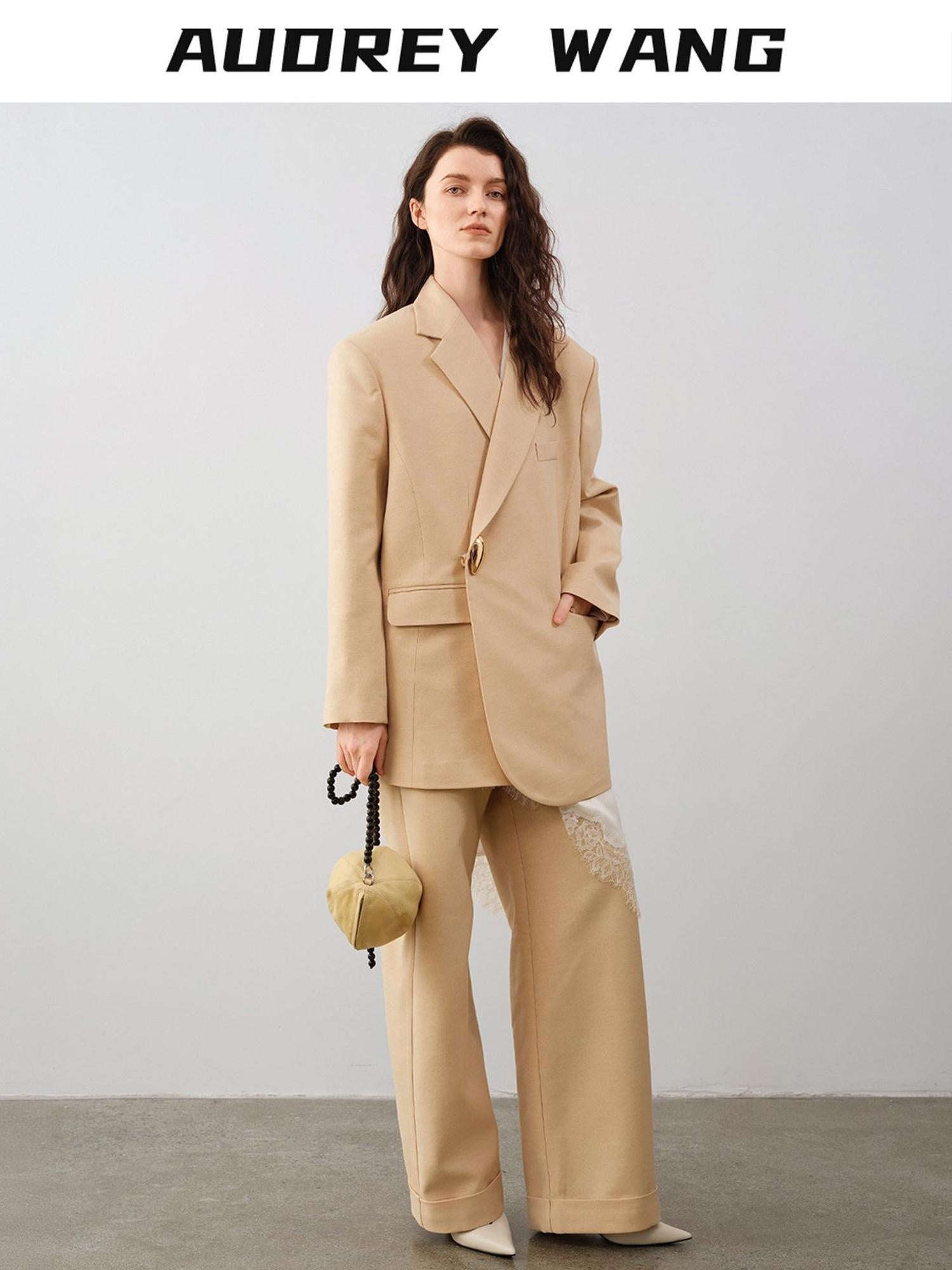 audreyyang Oversized Wool Single Button Notch Lapel Long Sleeve Women Cream Black Blazers