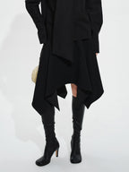 audreyyang Elegant Asymmetric Irregular Hem Mid Waist Front Zipper Black Midi Skirts