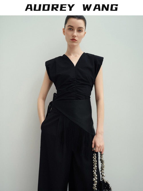 audreyyang Drawstring Pleated Loose V-neck Black Solid Women Off Shoulder Crop Tops