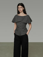 unspoken Breathable Minimal Loose Ruffle Boatneck Women Plaid Button Short Sleeve Blouses