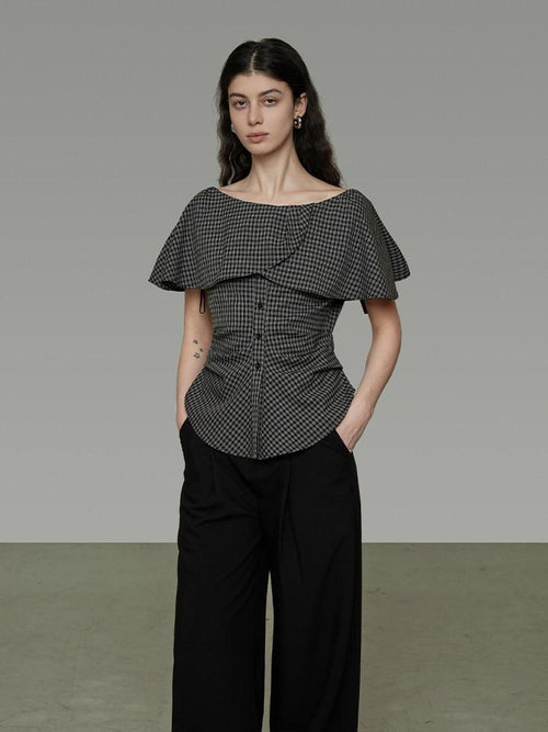 unspoken Breathable Minimal Loose Ruffle Boatneck Women Plaid Button Short Sleeve Blouses