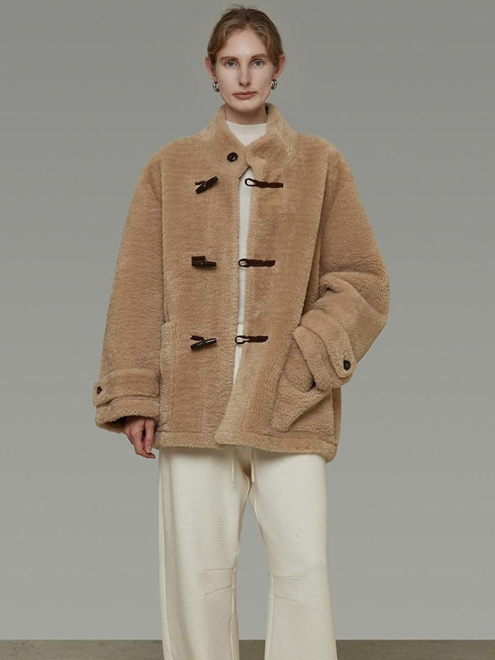 unspoken Warm Fur Lined Oversized Stand Collar Khaki Women Short Coat