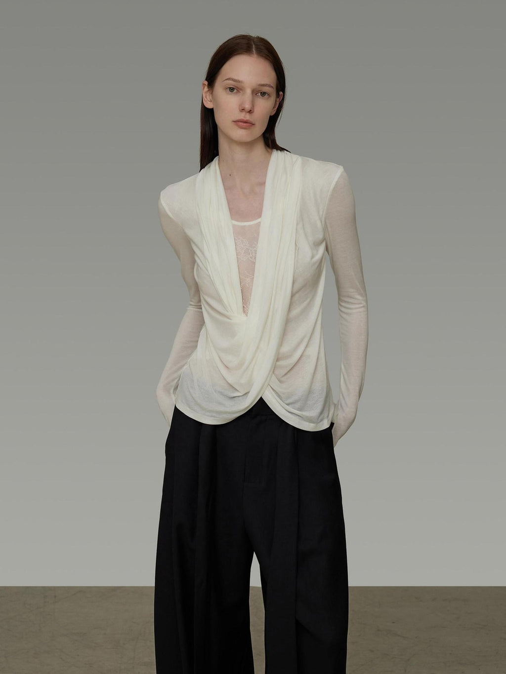 unspoken Lyocell Asymmetric Slim Fit Distressed V-neck Pullover Women Cream Blouses