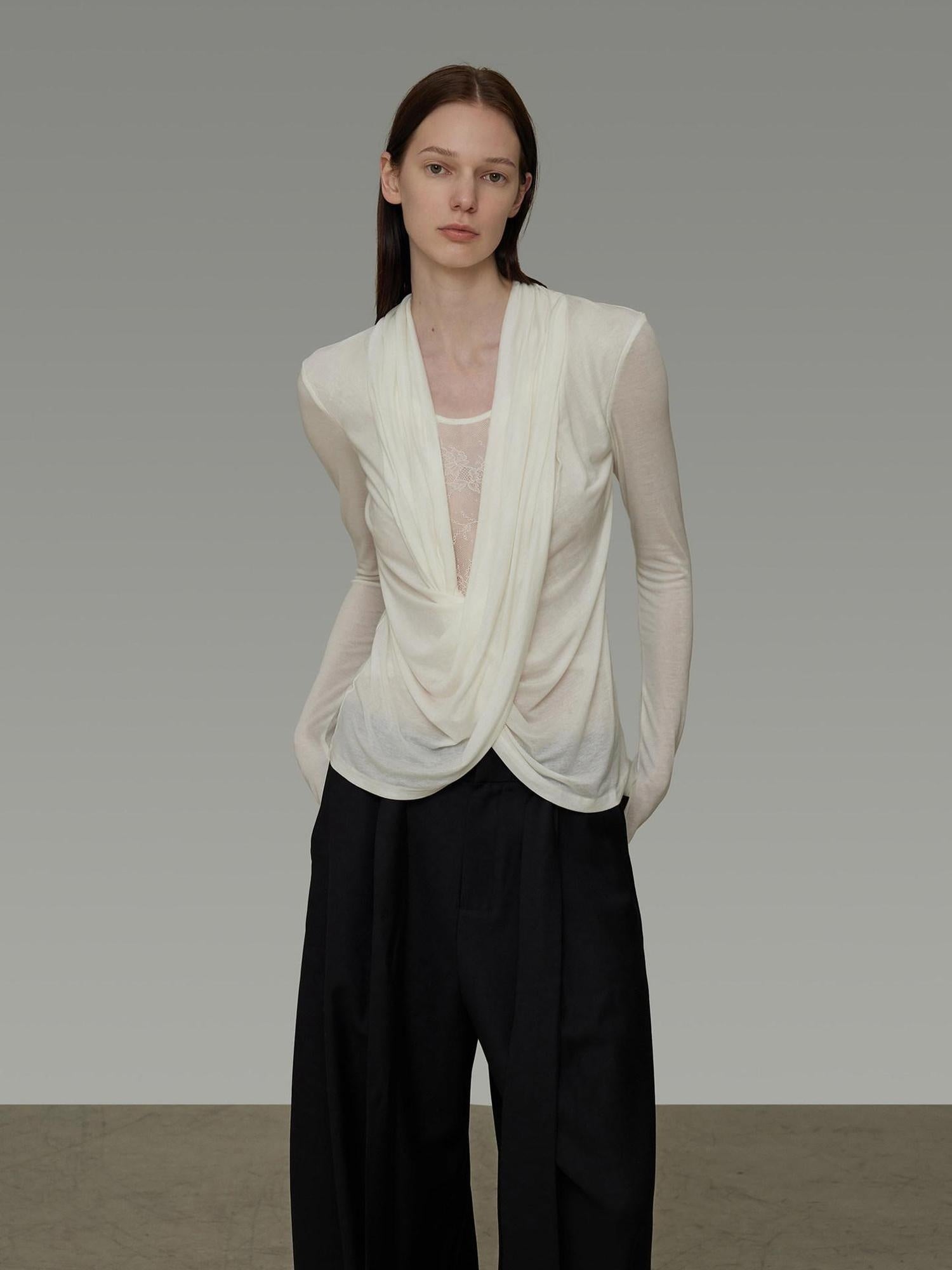unspoken Lyocell Asymmetric Slim Fit Distressed V-neck Pullover Women Cream Blouses