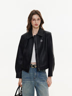 ikyou Glossy Slim Fit Androgynous Pu Black Short Lapel Zipper Daily Leather Jackets