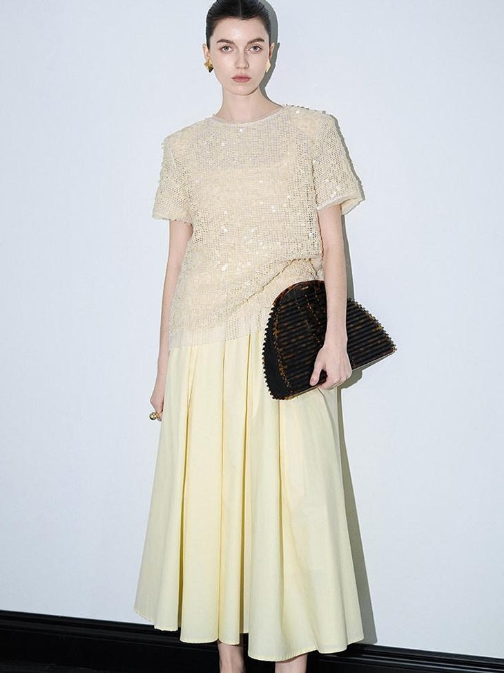 audreyyang 100% Cotton Lined Pleated H Line Mid Waist Bright Yellow Midi Skirts